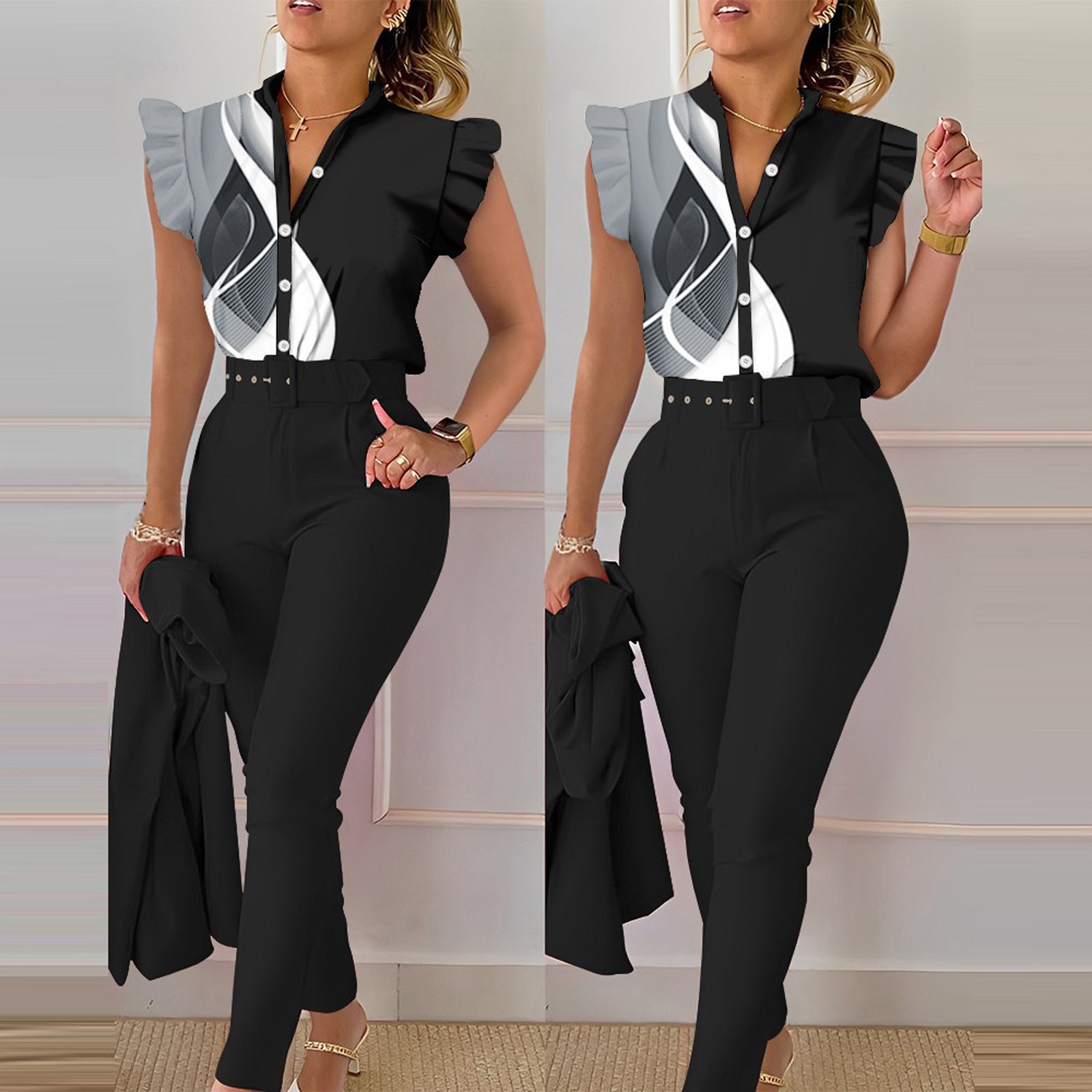 thumbnail image 4 of Conjunto de camiseta sin mangas con volantes estampada y pantalones con cinturón para mujer - Traje de blusa sin mangas - Ropa de diario, 4 of 8